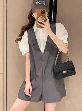 网红背带裤女连体短裤2024夏季新款欧货宽松减龄百搭工装西装裤潮