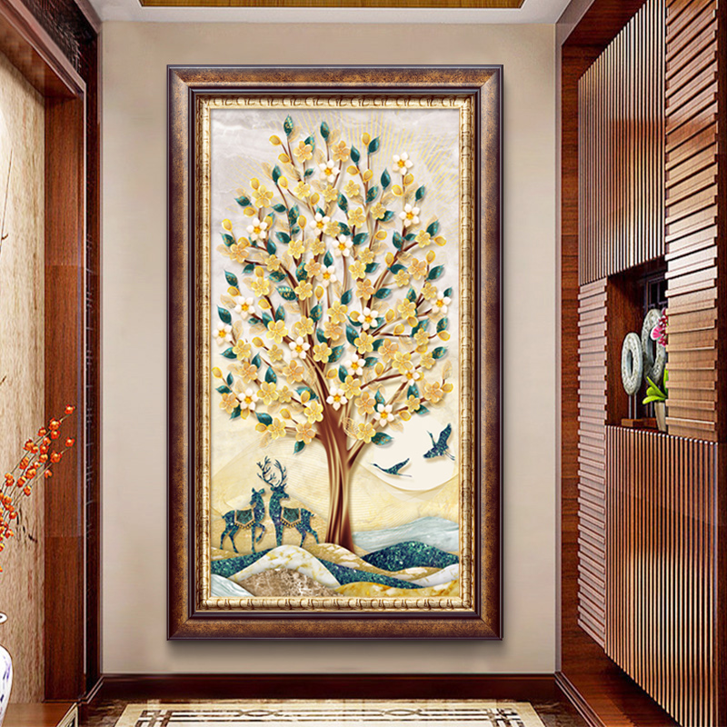 欧式玄关装饰画美式背景入户走廊过道墙画竖版挂画发财树轻奢壁画图片