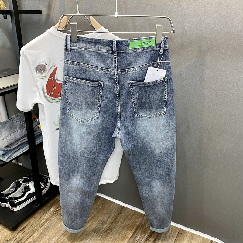 男士牛仔b裤夏季薄款个性破洞牛仔九分裤修身弹力哈伦裤小脚锥形