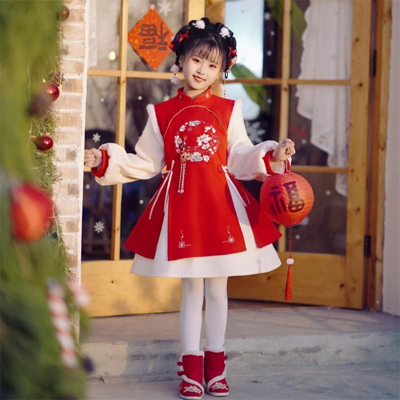 拜年服女童冬季加绒唐装汉服女宝宝新年过年喜庆加厚旗袍连衣裙