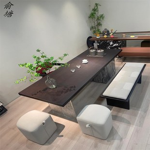 定制款 俞塘新中式 黑胡桃木亚克力岩板茶桌椅办公书桌实木家用茶桌