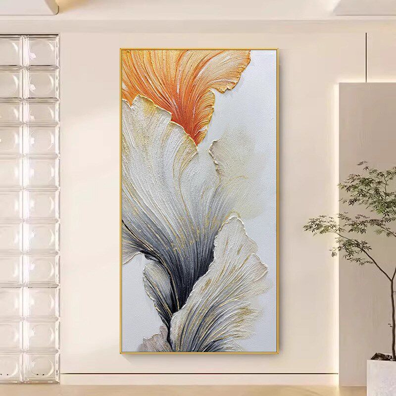 新款现代《幸福花伴》银杏玄关挂画竖版客厅背景墙装饰画肌理壁画