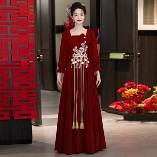 连衣裙长袖 大码 回门新中式 高级感订婚结婚便装 礼服 敬酒服新娘冬季