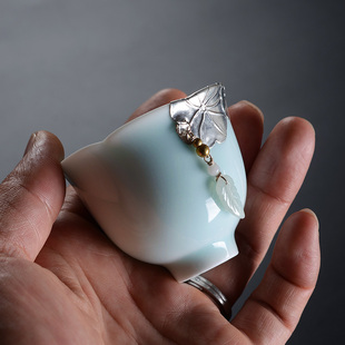 日式茶杯陶瓷主人杯单杯镶银锡坠饰杯子功夫茶小茶杯手工喝茶