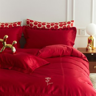 100支高端婚庆床品四件套 纯棉大红色床上纯色结婚床单床上用品