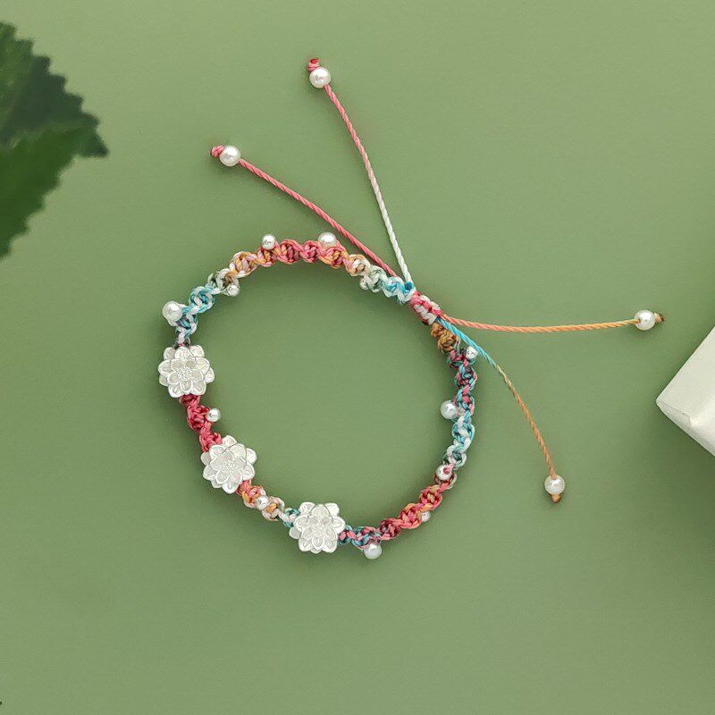 999足银手链红绳三莲花手绳银饰999五彩绳简约百搭女式小众设计