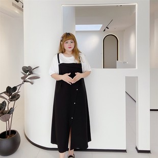 甜美减龄胖仙女莹莹大码 学院风显瘦假两件背带连衣裙 女装 胖mm夏季