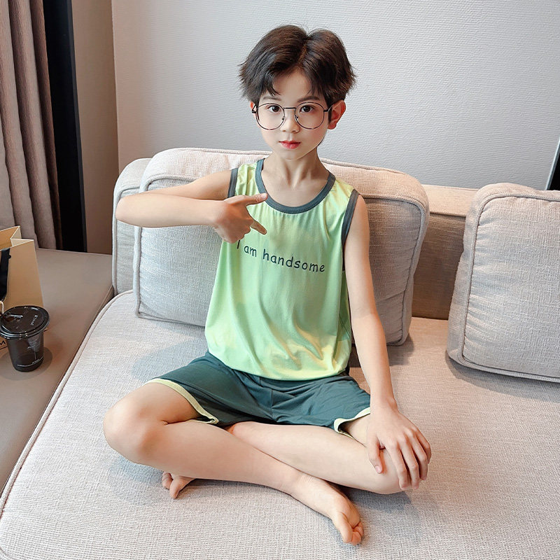 热销儿童睡衣男童莫代尔背心无袖短裤套装中大儿童小男孩家居服空