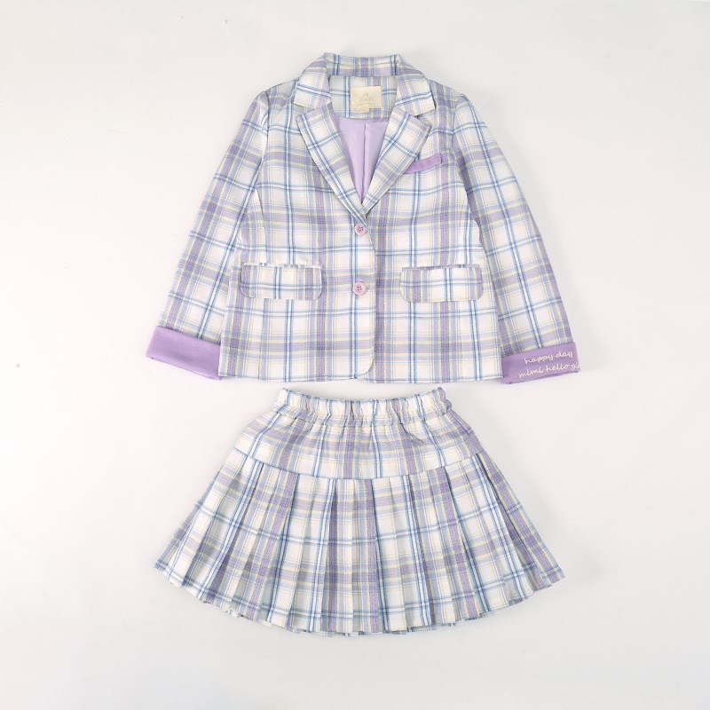 女童小西服套装秋装新款春秋儿童格子西装短裙套装小女孩两件套