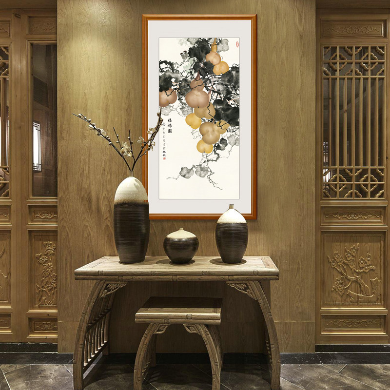 中式玄关竖幅竖版有框 国画水墨画花鸟画 葫芦装饰画字画风水画