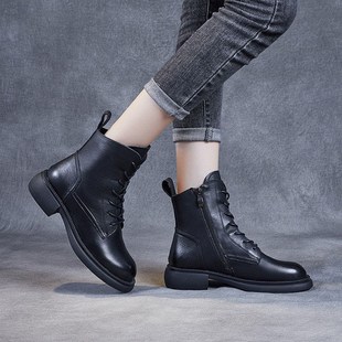 真软皮软底马丁靴女2023新款秋冬季加绒粗跟高跟女靴短靴防水台靴