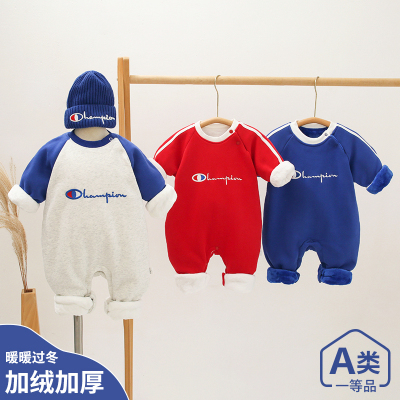 婴儿冬装连身衣加厚棉T喜庆红色拜年服超萌男宝加绒外出衣服