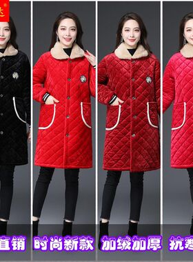 冬新款加绒加厚罩衣女外穿围裙不带帽中长外套毛领妈妈装居家棉服