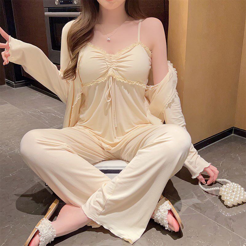新品睡衣女春秋莫代尔棉长袖甜美可爱减龄性感吊带三件套带胸垫家