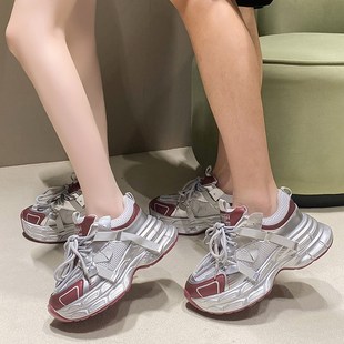 10CM内增高老爹鞋子男女情侣鞋高级感银色厚底爆款松糕运动鞋春秋