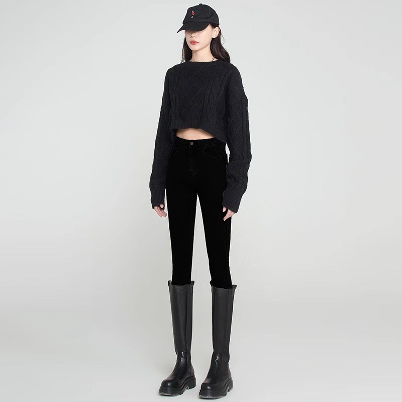 黑色紧身牛仔裤女2024秋冬w新款高腰显瘦小脚铅笔裤小个子加厚靴
