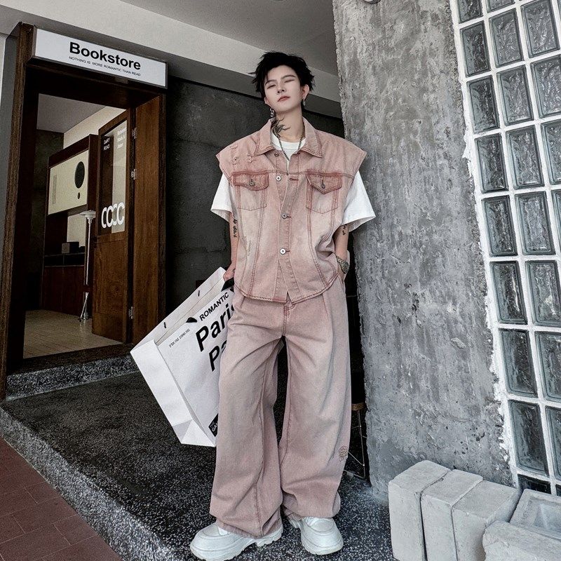 2024夏装美式小众做旧局部漂白磨破牛仔马甲套装男设计感阔腿长裤,男装,时尚套装,淘宝优惠券,粉丝福利购,淘宝优惠卷