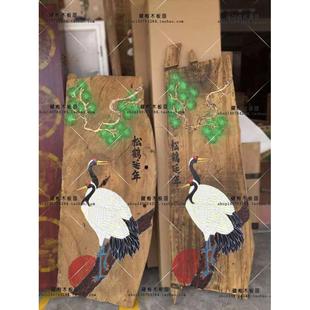 框风化画装饰画木板挂画 手绘延年无松鹤樟木漆画客厅壁画画老画