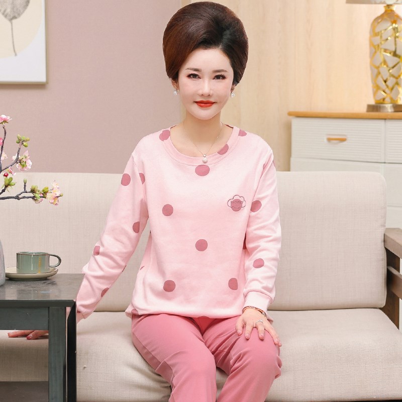 妈妈睡衣春秋季长袖套头薄款中年人妇女家居服秋冬款大码套装