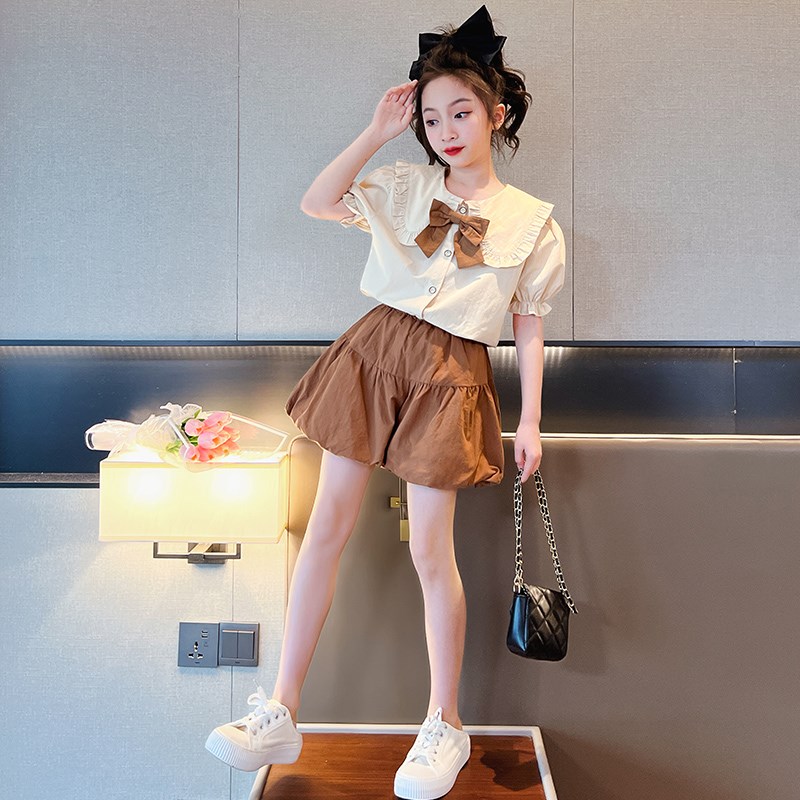 现货女童套装短袖k学院风洋气姐妹装两件套百褶裙夏季小女孩儿童
