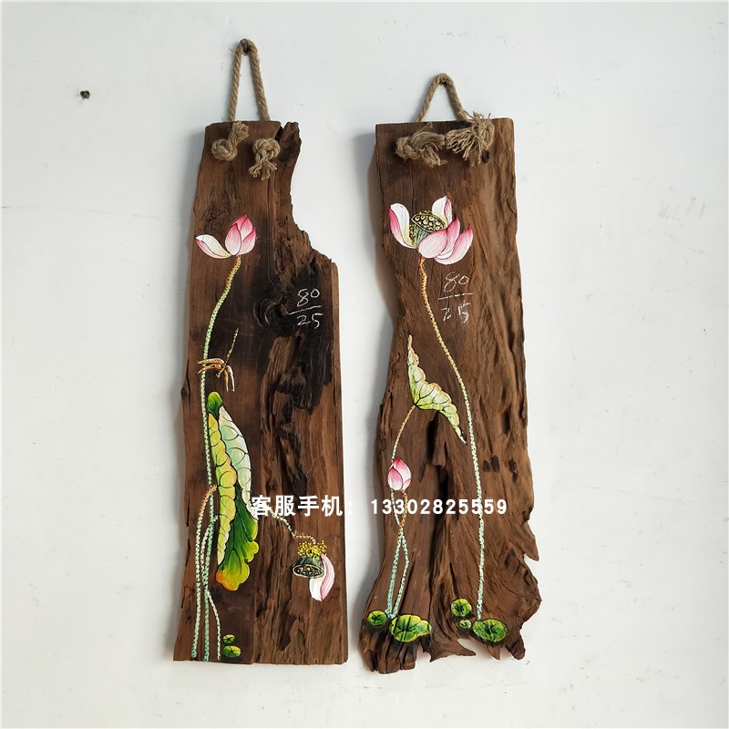 香樟木挂画 风化木板画手绘禅意荷花客厅茶室复古墙面装饰画图片