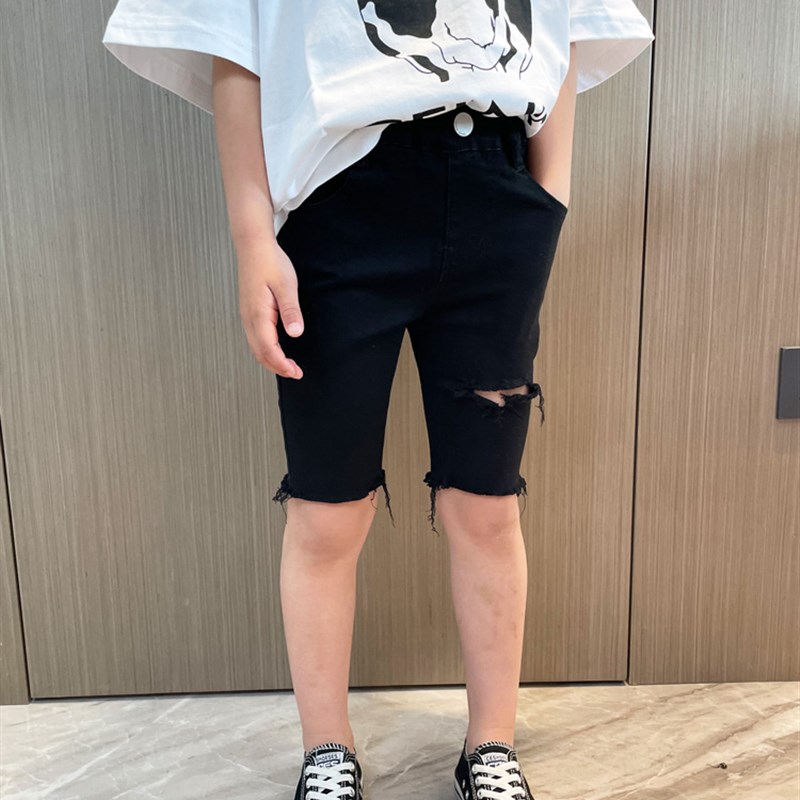 童装女童破洞牛仔短裤黑色2024夏季宝宝简约小脚修身儿童五分裤子