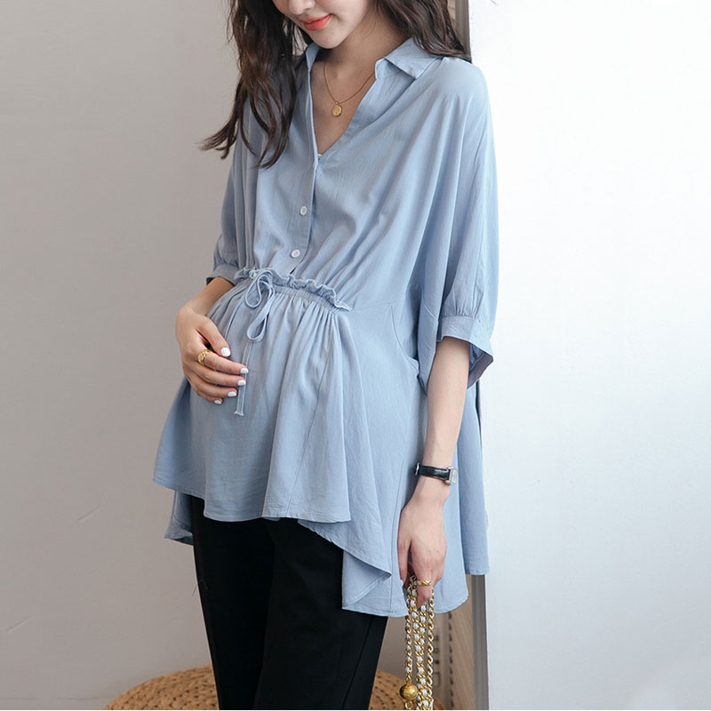 孕妇春夏装d衬衫遮臀上衣收腰五分袖娃娃衫外出哺乳衣韩版遮肚衬