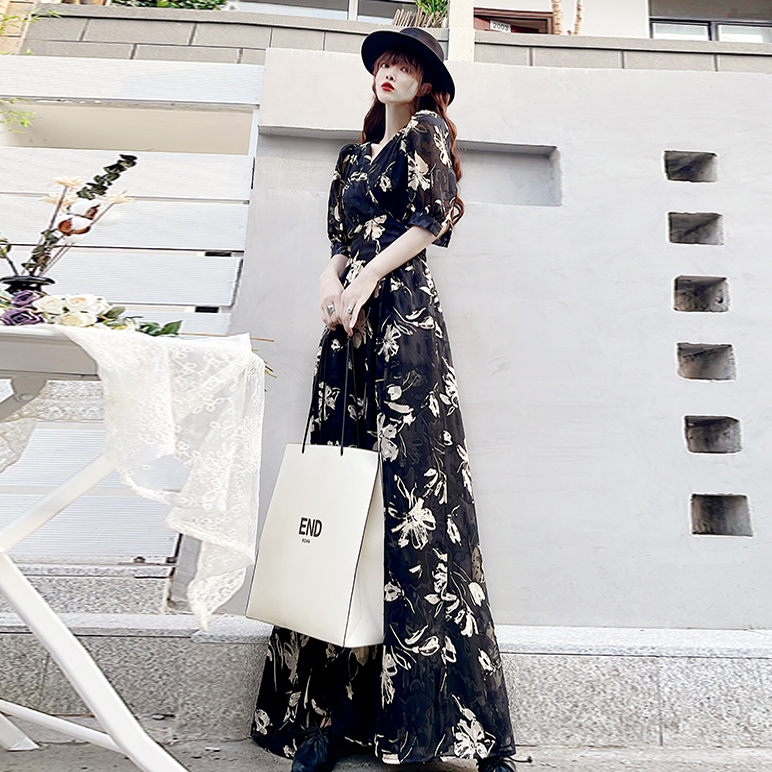 加长款170到脚踝黑色高级感碎花连衣裙I夏季新款法式气质收腰显瘦