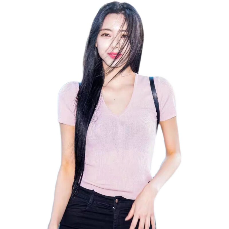 申有娜同款粉色T恤女2023夏季薄款G冰丝针织衫短袖V领短修身上衣