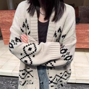 心心念念 全羊毛針織毛線外套女 韓系慵懶寬松中長款 毛衣大開衫