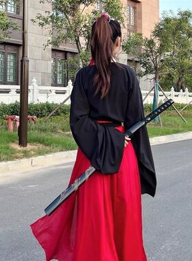 黑色魏晋风南北朝古装汉服男女武侠风广袖交领齐腰裙古装学生秋冬