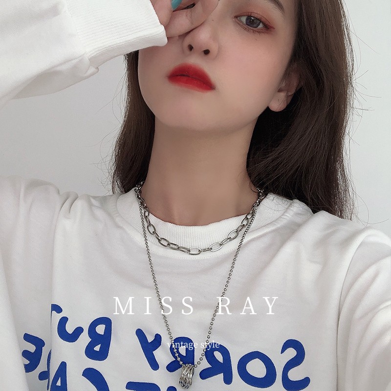 现货MissRay潮n流嘻哈卫衣叠戴戒指圈个性钛钢不掉色男女项链毛衣