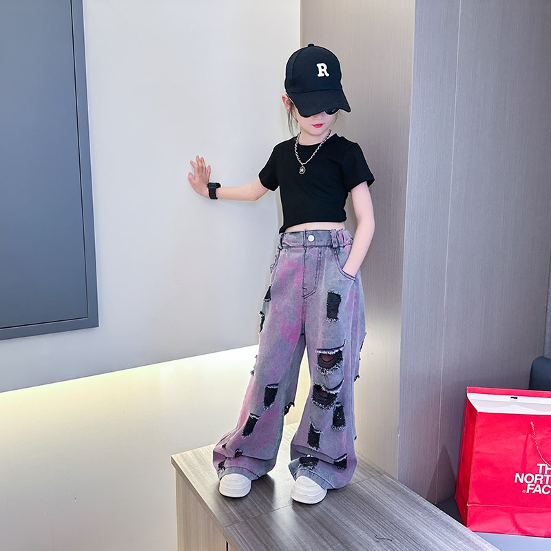 女童破洞牛仔裤2025夏季新款儿童洋气炸街薄款大童时髦直筒阔腿裤