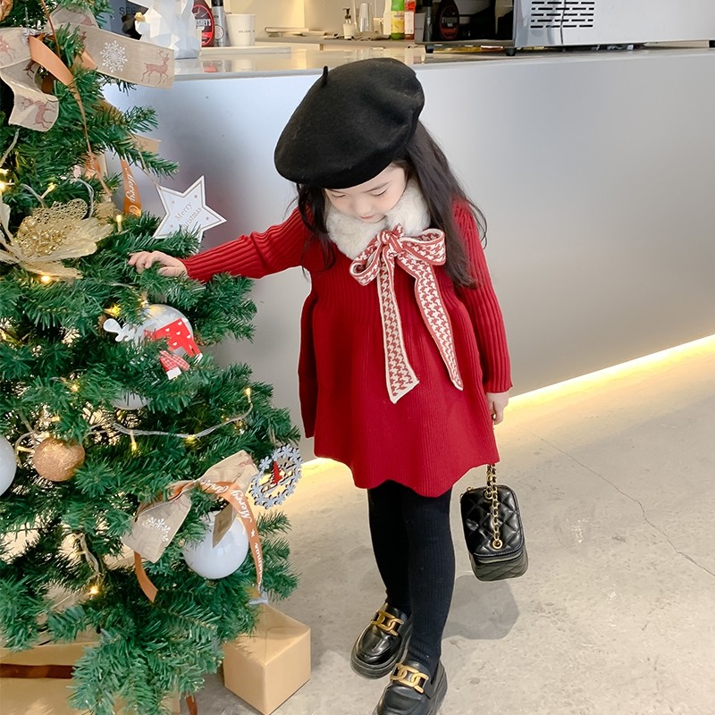女童毛线连衣裙秋冬装2021儿童洋气新年礼服裙女宝宝X冬季公主裙