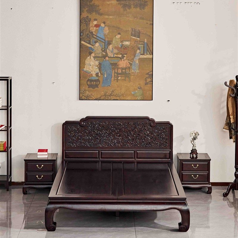 西番莲大腿床三件套红木家具双人床中式赞比亚紫檀雕花卧室婚床,住宅家具,红木床,淘宝优惠券,粉丝福利购,淘宝优惠卷