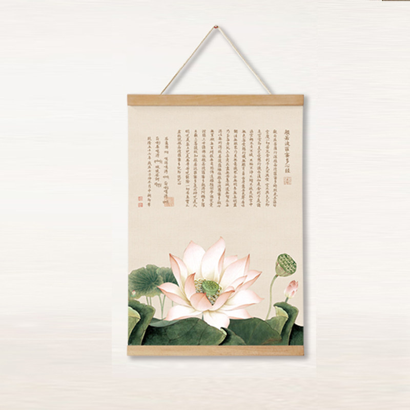直销新品新中式挂轴墙饰荷花心经c挂画禅意壁画客厅玄关背景墙佛