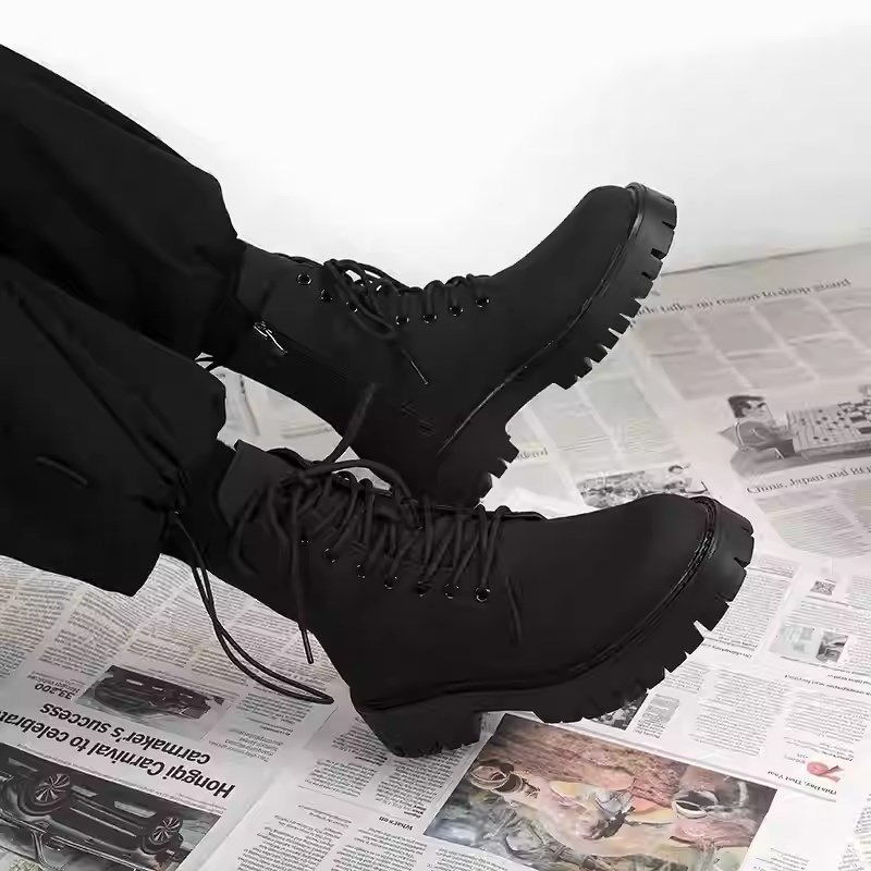 马丁靴男款英伦风黑色高帮皮鞋加绒中帮机车靴子男生增高皮靴棉鞋