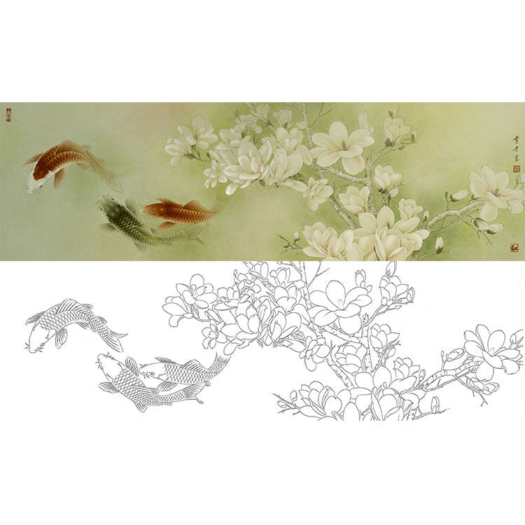 工笔画白描底稿实线o勾物打印稿龚雪青玉兰鲤鱼有图骤步xq97