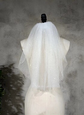 热销2024年新款女士婚纱短头纱新娘婚礼主婚纱白色星空亮闪头饰带