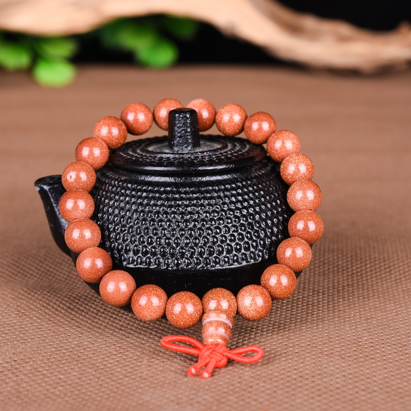 金沙石手链e男女款金砂石佛珠手串情侣款单圈转运水晶饰品首饰