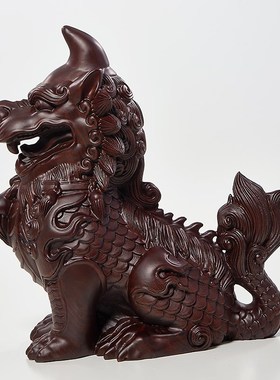 黑檀木雕龙e生九子獬豸摆件实木家居客厅玄关装饰灵兽摆设律师送