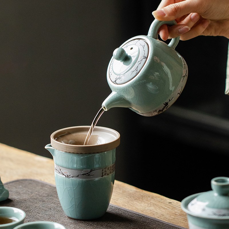 现货哥窑b寒梅功夫茶具礼盒装家用轻奢高档泡茶壶茶杯办公会客整