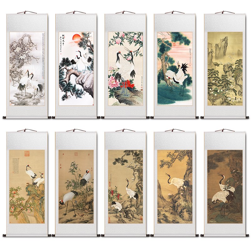 2TOE松鹤延年卷轴挂画新中式客厅装饰画办公室山水画餐厅玄关仙鹤