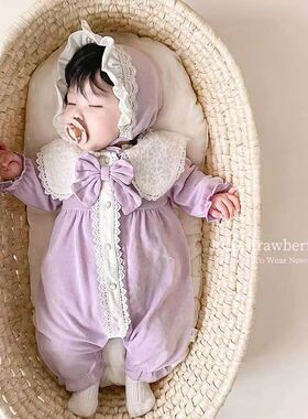 婴儿春装2022年长袖带帽套装女宝宝爬爬服满月公主春秋季洋气哈衣