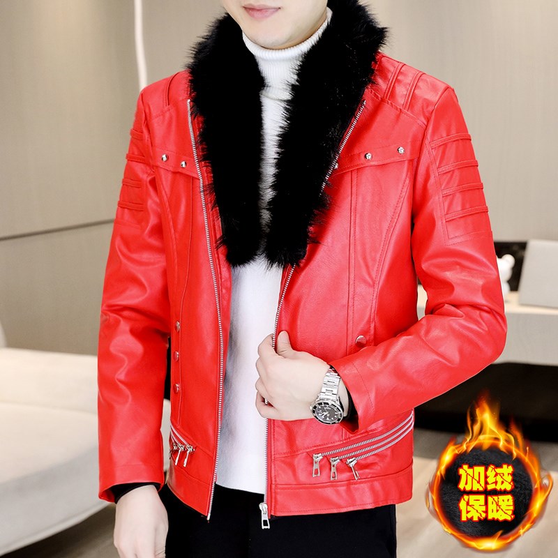 潮牌机车服外套男士冬季帅气短款免洗皮衣防风保暖带毛领PU皮夹克