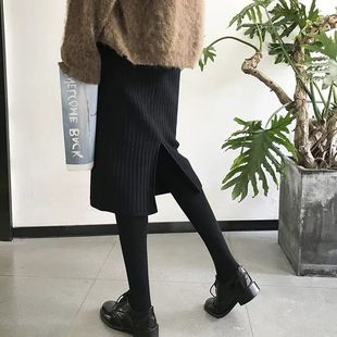 孕妇半身裙秋冬季中长款小个子黑色托腹针织长裙子开叉包臀一步裙