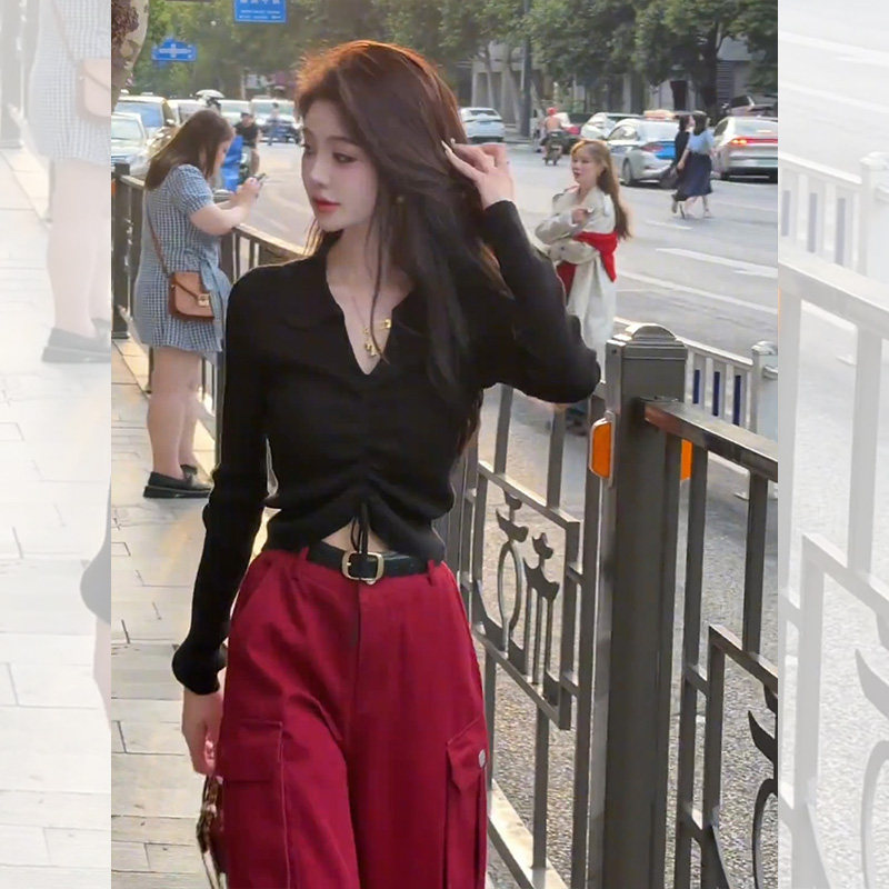 热销黑色v领不规则短款针织内搭打底衫女早秋初秋韩系设计感翻领