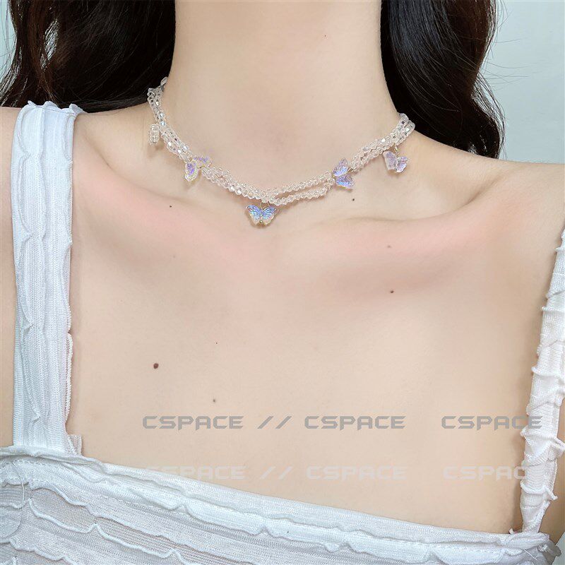 叠戴项链小蝴蝶彩色串珠颈链多层紫色透明复古少女小清新choker