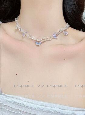 叠戴项链小蝴蝶彩色串珠颈链多层紫色透明复古少女小清新choker
