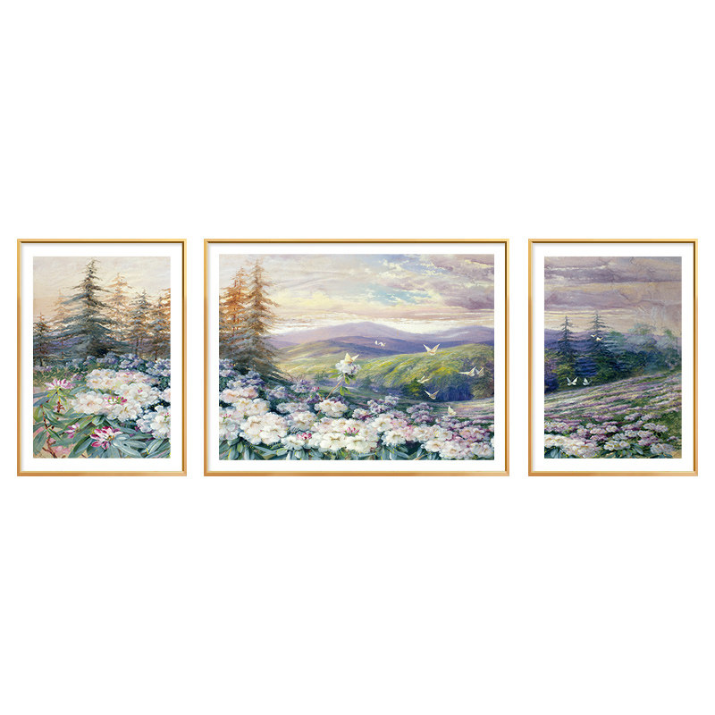 现货紫色风景油画高o级感客厅三联画装饰画沙发背景墙挂画花卉山
